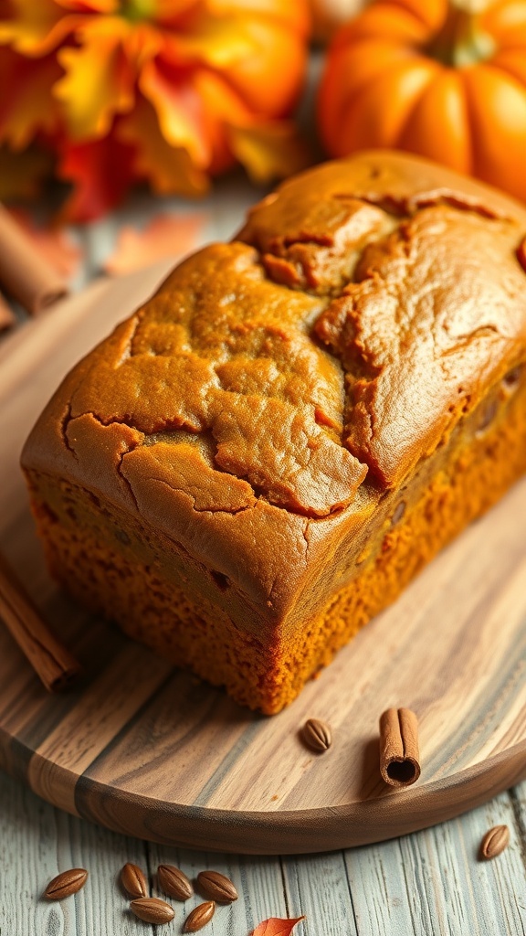 A golden-brown loaf of pumpkin bread on a wooden board, decorated with pumpkin seeds and cinnamon sticks.